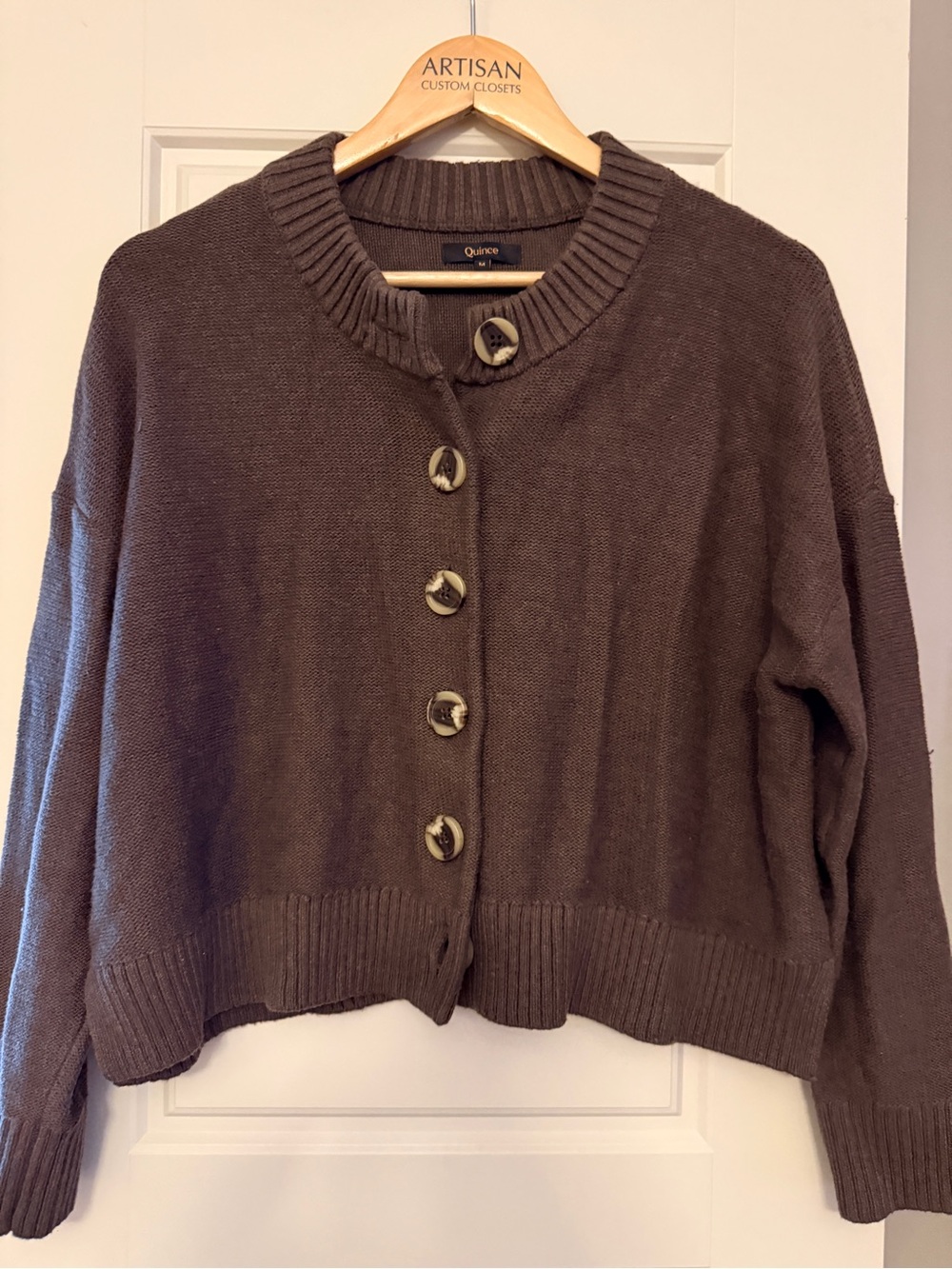 Quince Chocolate Brown Button-Front Crewneck Cardigan
